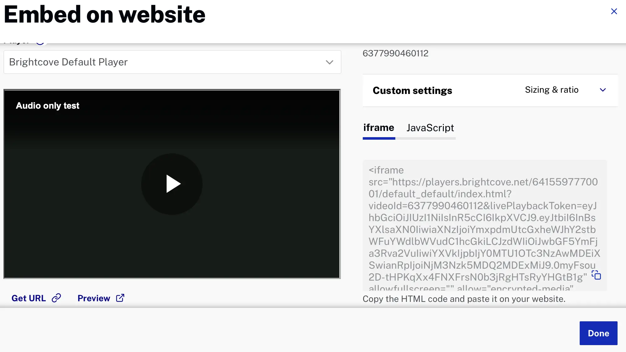 Player embed code